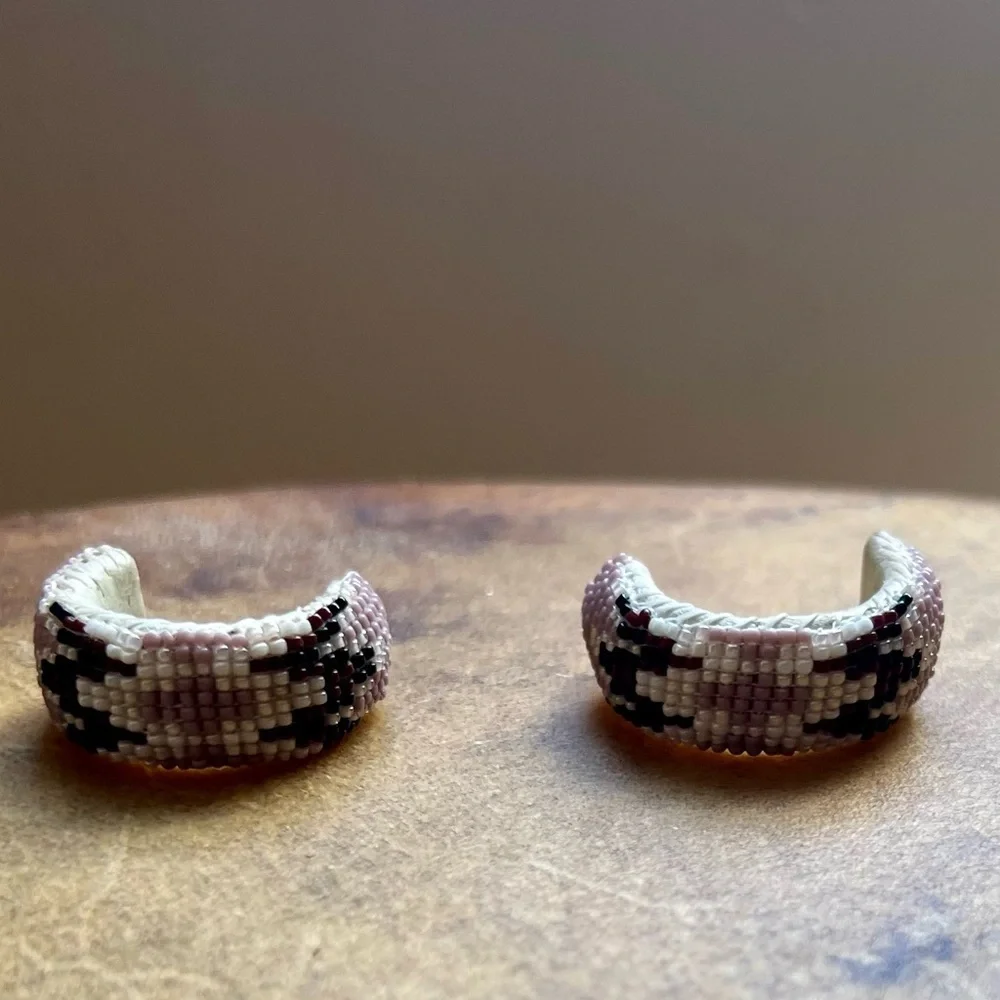 Native American Beaded Wide Hoop Earrings Post Back Purple White Burgundy Black